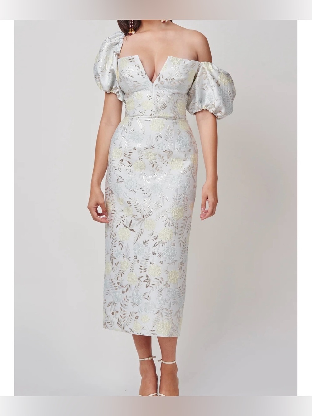 Markarian Yvette Ivory Metallic Brocade Puff Sleeve Corset Bodice Dress Size 0 - Picture 9 of 10